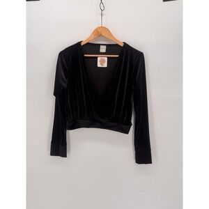 New Hershe Black Velvet Crop Top Deep V Tunic Long Sleeve Whitchy Gothic Core XS